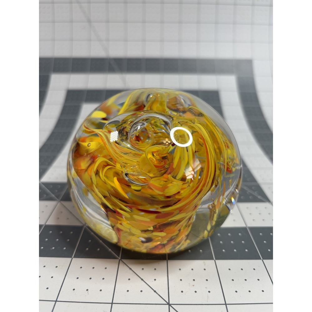 Large Art Glass Yellow & Orange Swirl Paperweight 3.25" x 3.75" Marked W3 2013 - Picture 2 of 6